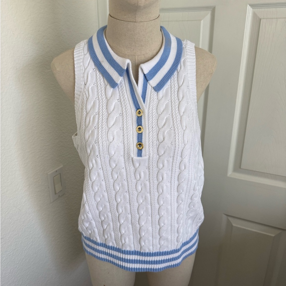 Lilly Pulitzer Suzette White Cable Knit Polo Tank with Light Blue Trim